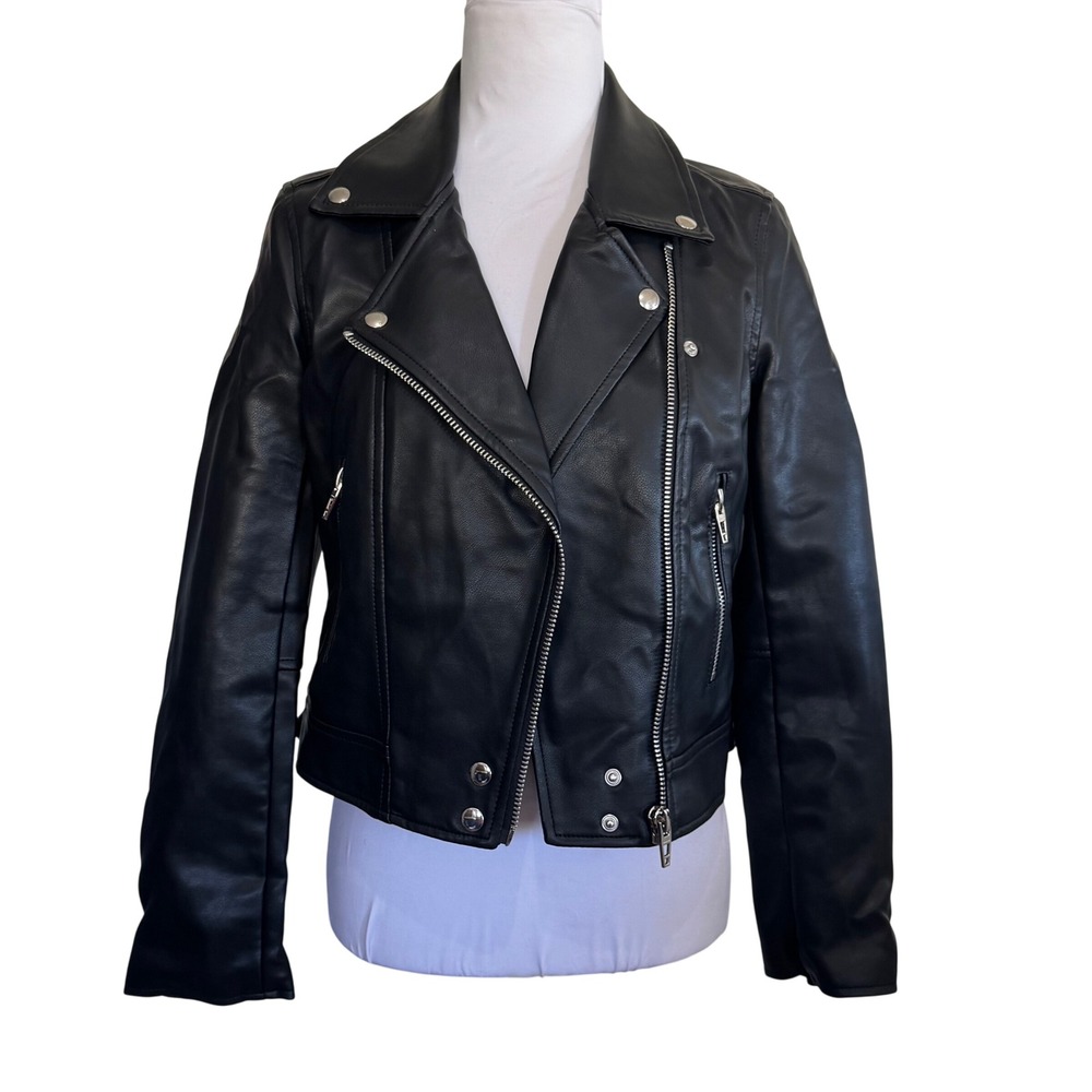 BLANKNYC Black Vegan Leather‎ Moto Biker Jacket XS Cropped Asymmetrical Zip